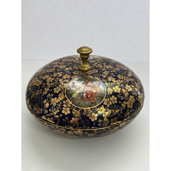 Vintage Lidded Cobalt Blue & Gold Porcelain Dish Classic Romantic Bonbon Trinket - Picture 11 of 11